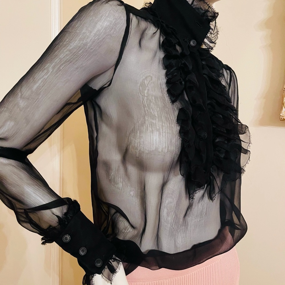 CHANEL  AUTENTIC  SHEERS RUFFLED TURTLENECK BLOUSE MADE IN ITALY  SIZE 36 - Picture 7 of 16